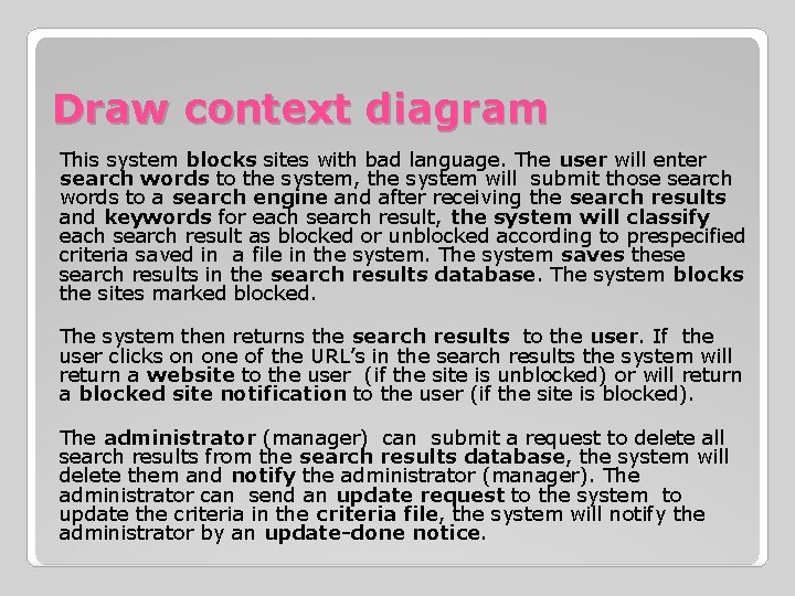 Draw context diagram This system blocks sites with bad language. The user will enter