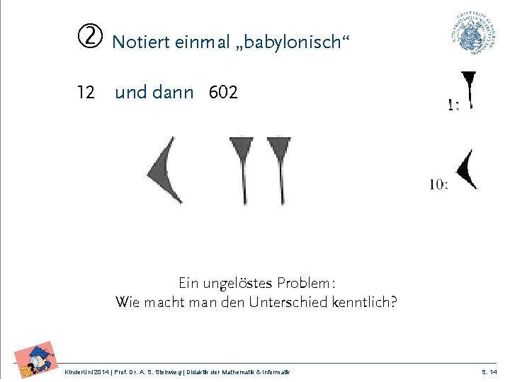  Notiert einmal „babylonisch“ 12 und dann 602 Ein ungelöstes Problem: Wie macht man