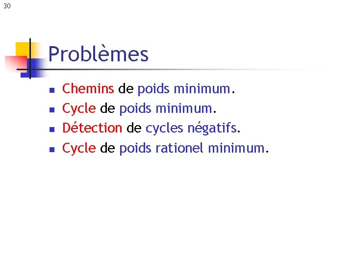 30 Problèmes n n Chemins de poids minimum. Cycle de poids minimum. Détection de