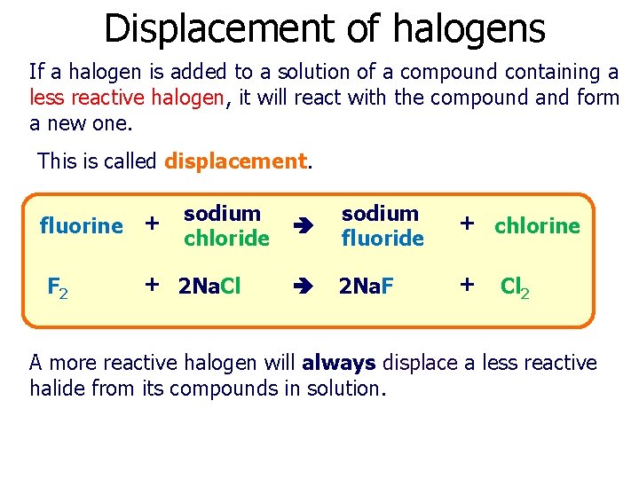 Displacement of halogens If a halogen is added to a solution of a compound