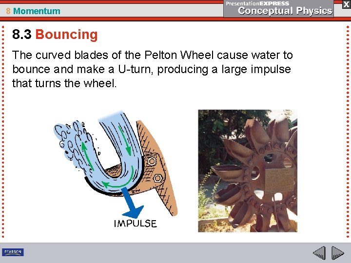 8 Momentum 8. 3 Bouncing The curved blades of the Pelton Wheel cause water