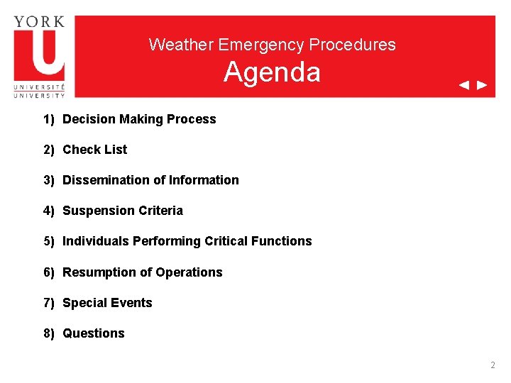 Weather Emergency Procedures Agenda 1) Decision Making Process 2) Check List 3) Dissemination of