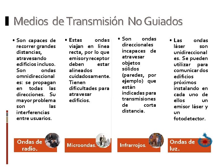 Medios de Transmisión No Guiados • Son capaces de recorrer grandes distancias, atravesando edificios