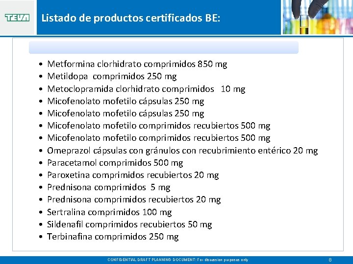 Listado de productos certificados BE: • • • • Metformina clorhidrato comprimidos 850 mg