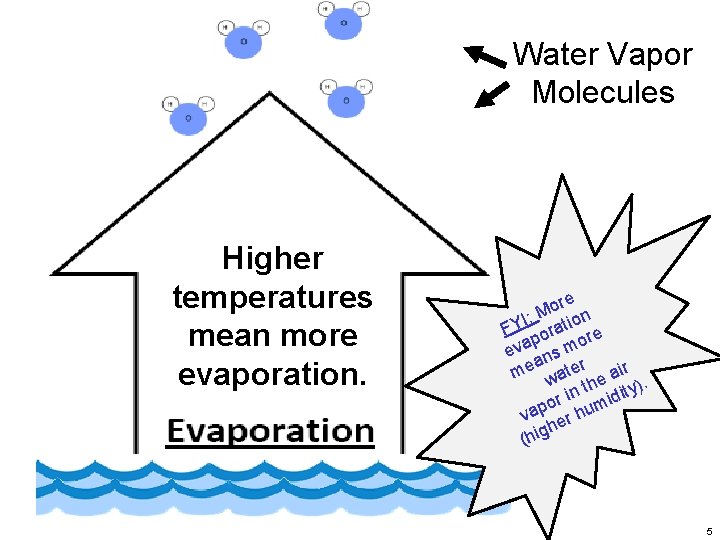 Water Vapor Molecules Higher temperatures mean more evaporation. ore M n I: FY oratio