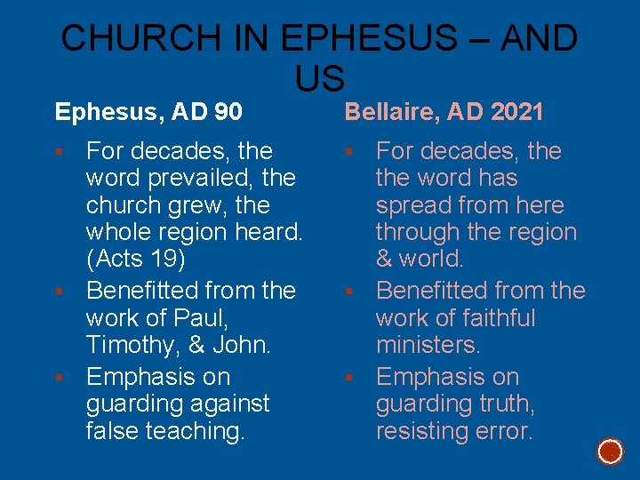 CHURCH IN EPHESUS – AND US Ephesus, AD 90 Bellaire, AD 2021 For decades,