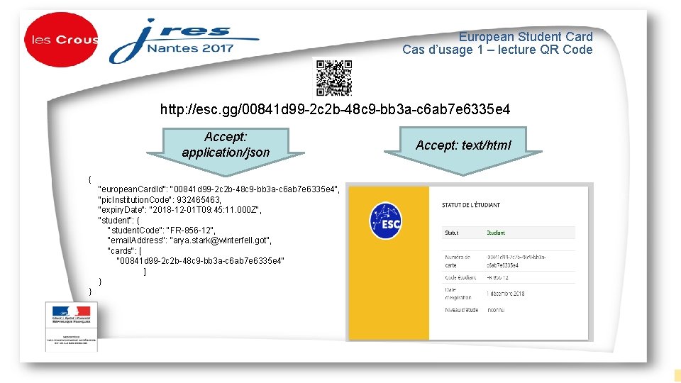 European Student Card Cas d’usage 1 – lecture QR Code http: //esc. gg/00841 d