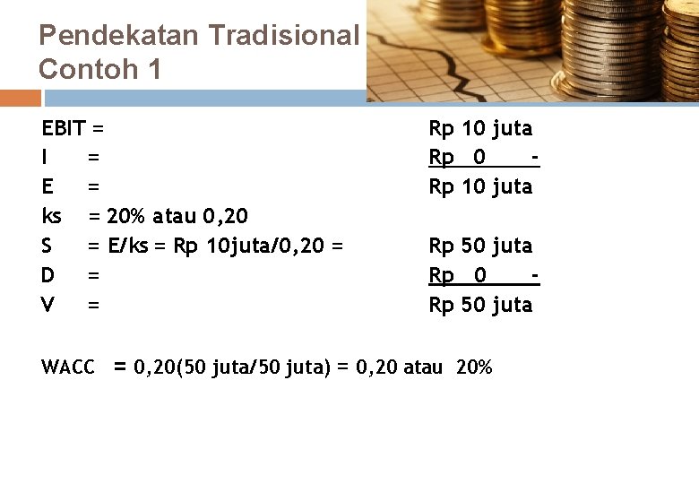 Pendekatan Tradisional Contoh 1 EBIT = I = E = ks = 20% atau