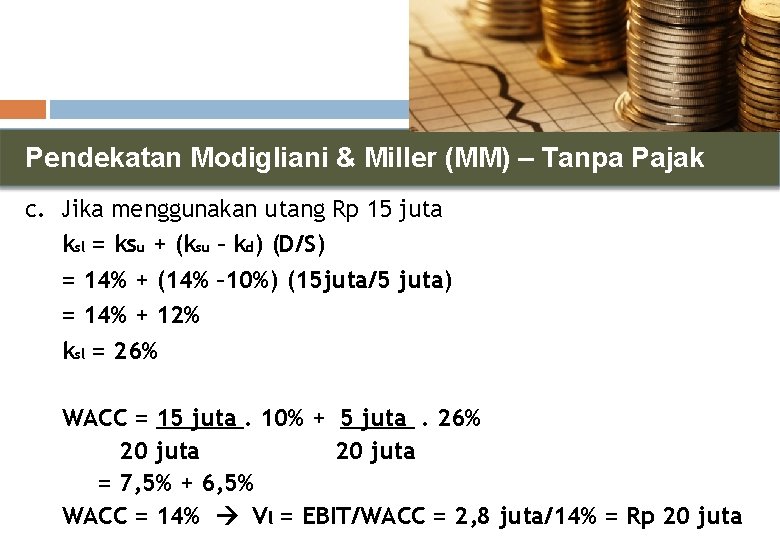 Pendekatan Modigliani & Miller (MM) – Tanpa Pajak c. Jika menggunakan utang Rp 15