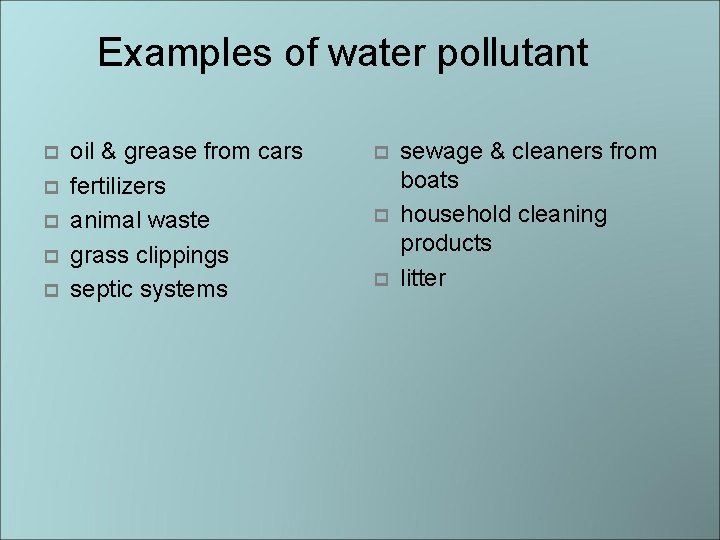 Examples of water pollutant p p p oil & grease from cars fertilizers animal