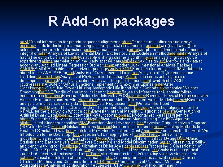 R Add-on packages aa. MIMutual information for protein sequence alignments abind. Combine multi-dimensional arrays
