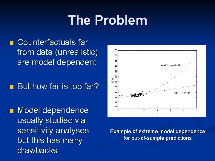 The Problem n Counterfactuals far from data (unrealistic) are model dependent n But how