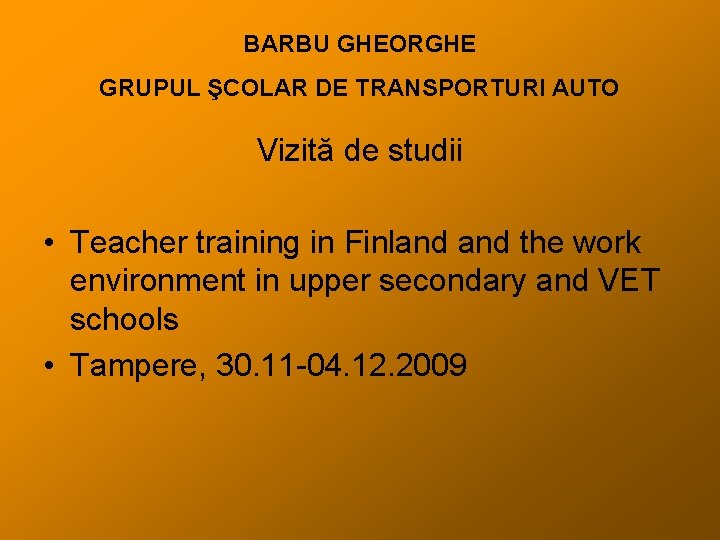 BARBU GHEORGHE GRUPUL ŞCOLAR DE TRANSPORTURI AUTO Vizită de studii • Teacher training in