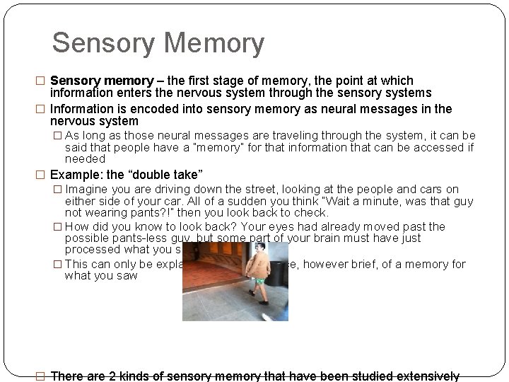 Sensory Memory � Sensory memory – the first stage of memory, the point at