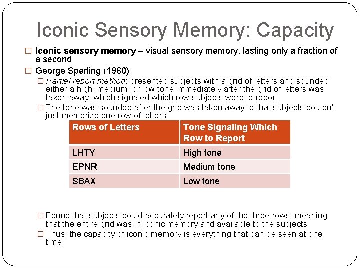 Iconic Sensory Memory: Capacity � Iconic sensory memory – visual sensory memory, lasting only
