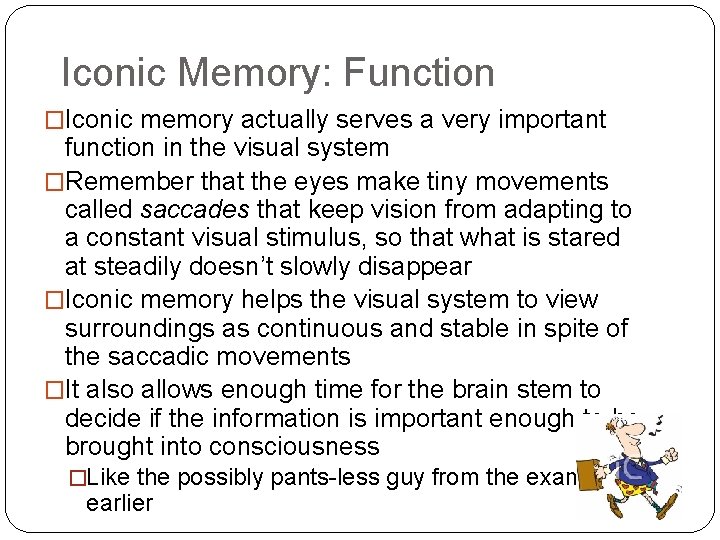 Iconic Memory: Function �Iconic memory actually serves a very important function in the visual