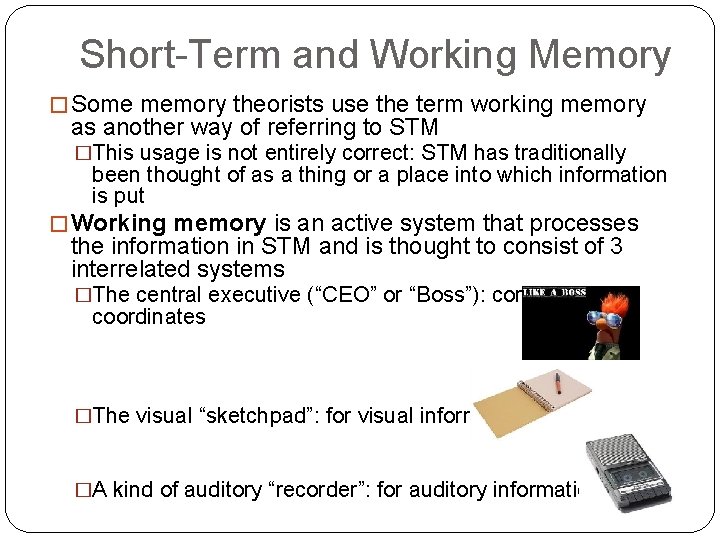 Short-Term and Working Memory � Some memory theorists use the term working memory as