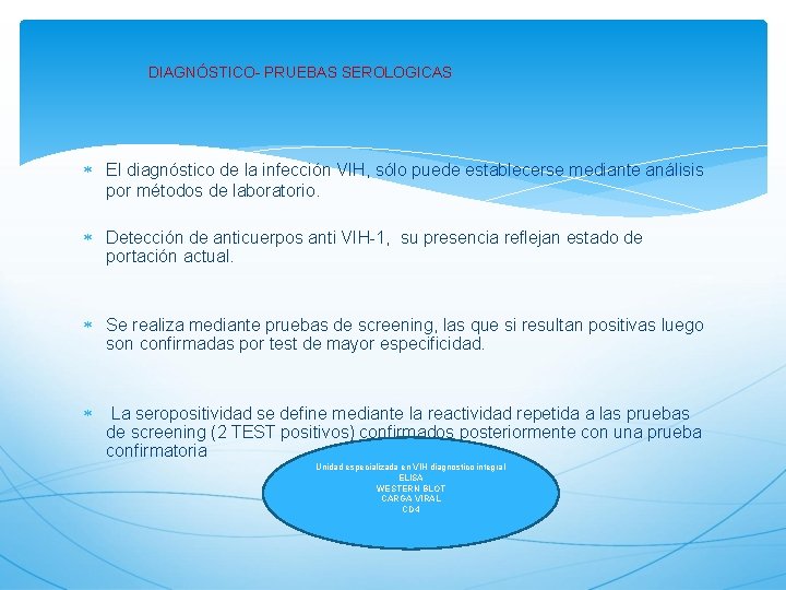 DIAGNÓSTICO- PRUEBAS SEROLOGICAS El diagnóstico de la infección VIH, sólo puede establecerse mediante análisis