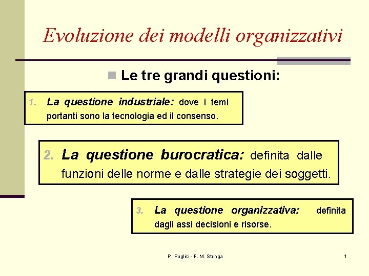 Evoluzione dei modelli organizzativi n Le tre grandi questioni: 1. La questione industriale: dove