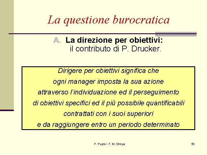 La questione burocratica A. La direzione per obiettivi: il contributo di P. Drucker. Dirigere