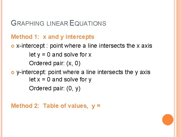 GRAPHING LINEAR EQUATIONS Method 1: x and y intercepts x-intercept : point where a