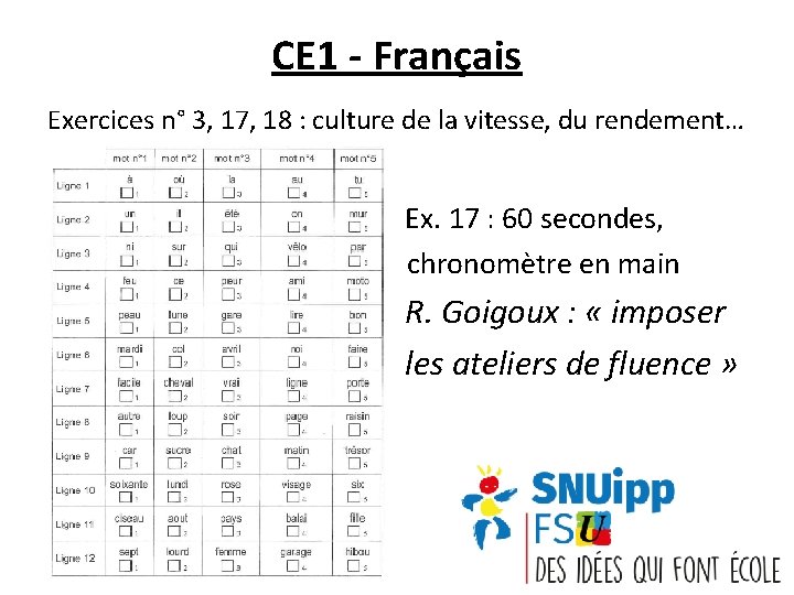 CE 1 - Français Exercices n° 3, 17, 18 : culture de la vitesse,