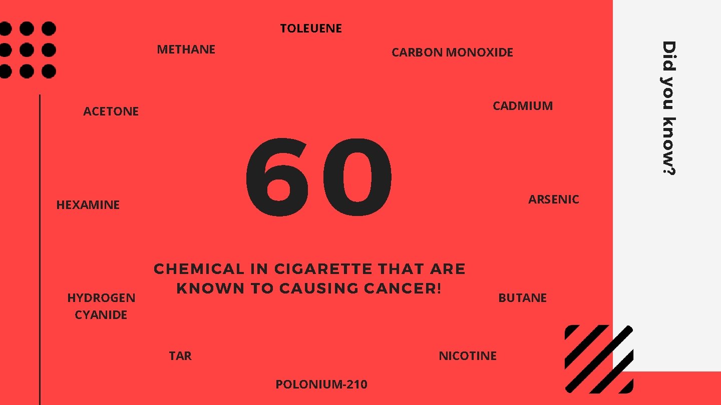 TOLEUENE ACETONE CADMIUM 60 HEXAMINE HYDROGEN CYANIDE CARBON MONOXIDE ARSENIC CHEMICAL IN CIGARETTE THAT