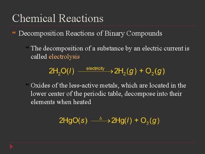 Chemical Reactions Decomposition Reactions of Binary Compounds The decomposition of a substance by an