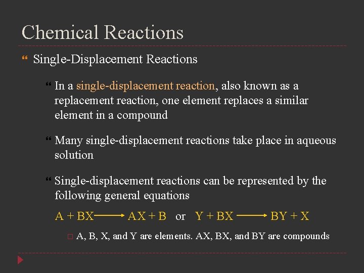 Chemical Reactions Single-Displacement Reactions In a single-displacement reaction, also known as a replacement reaction,
