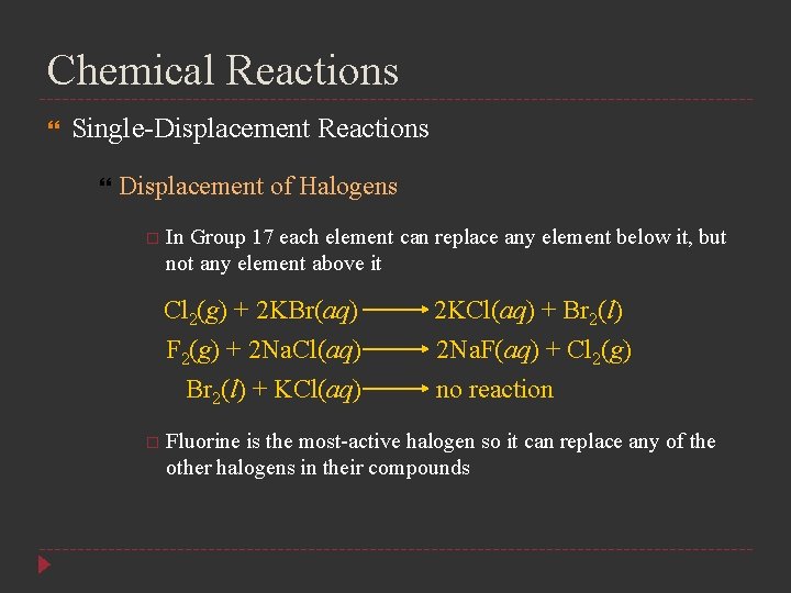 Chemical Reactions Single-Displacement Reactions Displacement of Halogens In Group 17 each element can replace
