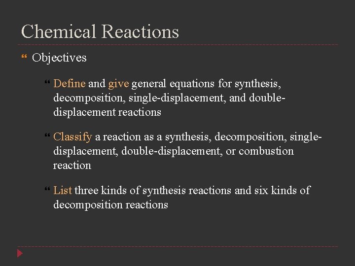 Chemical Reactions Objectives Define and give general equations for synthesis, decomposition, single-displacement, and doubledisplacement