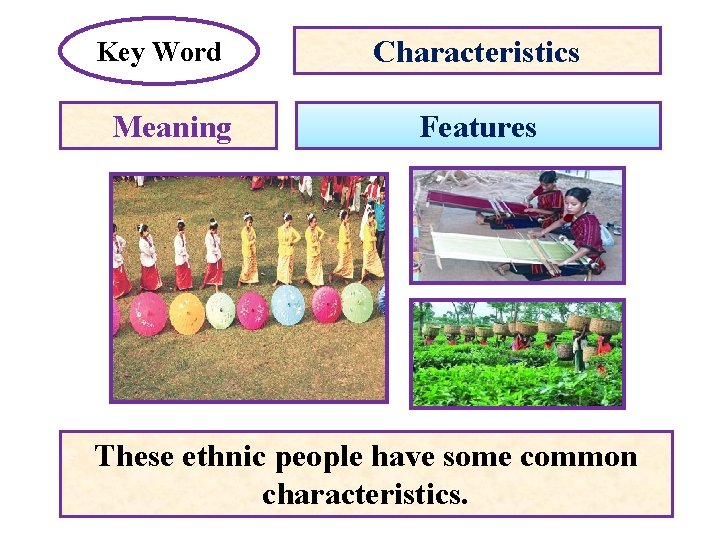 Key Word Meaning Characteristics Features These ethnic people have some common characteristics. 
