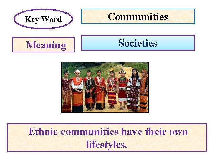 Key Word Meaning Communities Societies Ethnic communities have their own lifestyles. 