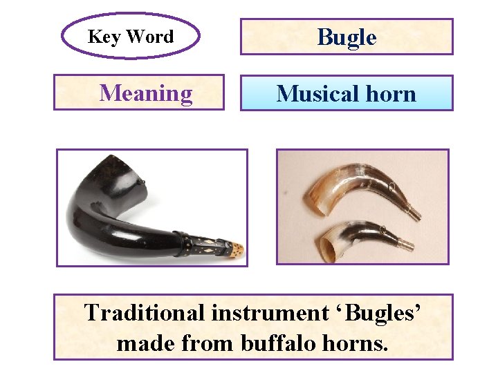 Key Word Meaning Bugle Musical horn Traditional instrument ‘Bugles’ made from buffalo horns. 