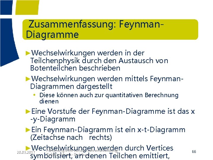 Zusammenfassung: Feynman. Diagramme ►Wechselwirkungen werden in der Teilchenphysik durch den Austausch von Botenteilchen beschrieben