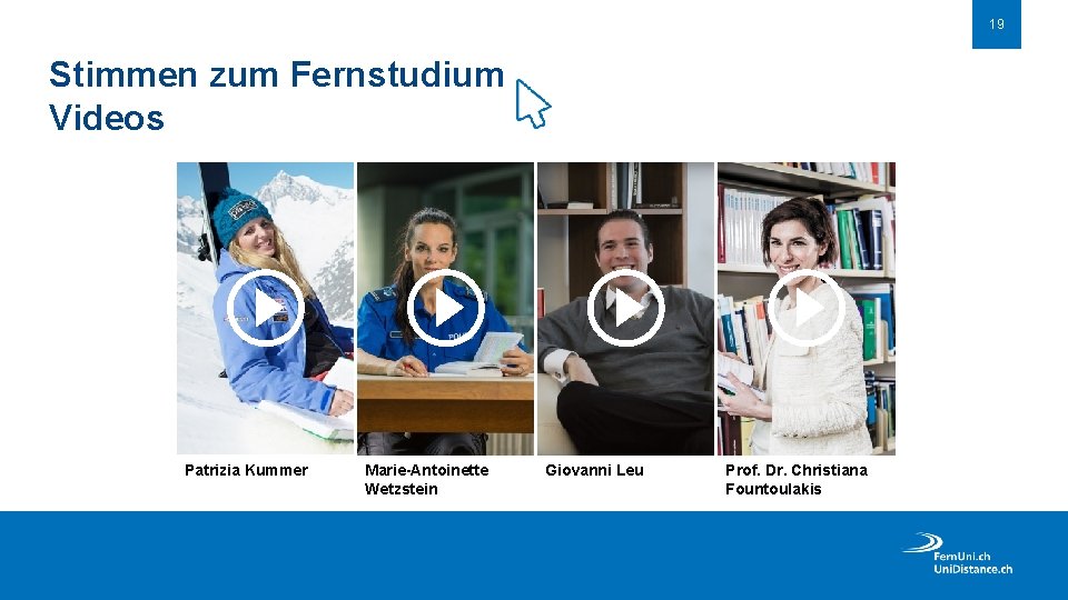 19 Stimmen zum Fernstudium Videos Patrizia Kummer Marie-Antoinette Wetzstein Giovanni Leu Prof. Dr. Christiana