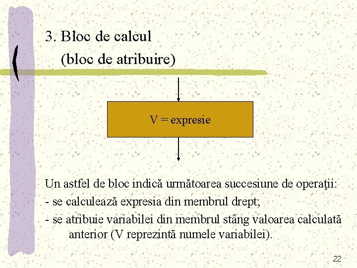 3. Bloc de calcul (bloc de atribuire) V = expresie Un astfel de bloc