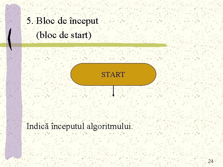 5. Bloc de început (bloc de start) START Indică începutul algoritmului. 24 