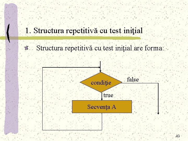 1. Structura repetitivă cu test iniţial are forma: condiţie false true Secvenţa A 49