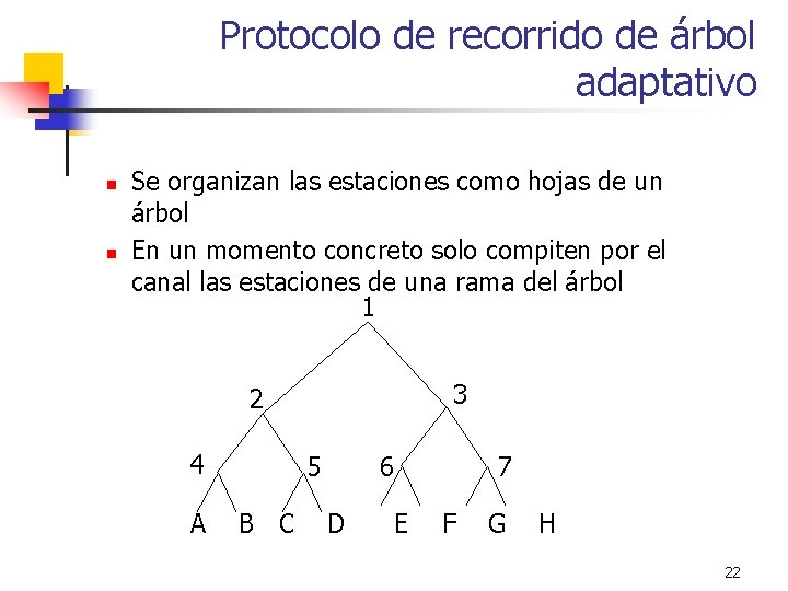 Protocolo de recorrido de árbol adaptativo n n Se organizan las estaciones como hojas