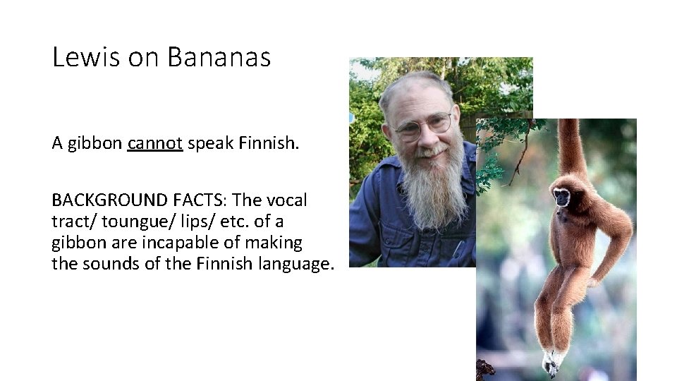 Lewis on Bananas A gibbon cannot speak Finnish. BACKGROUND FACTS: The vocal tract/ toungue/