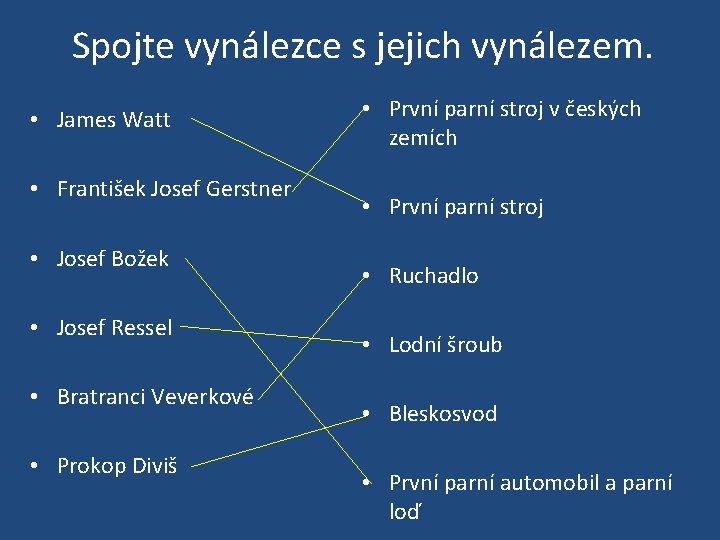 Spojte vynálezce s jejich vynálezem. • James Watt • František Josef Gerstner • Josef