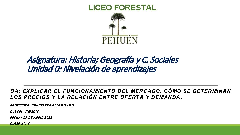 LICEO FORESTAL Asignatura: Historia; Geografía y C. Sociales Unidad 0: Nivelación de aprendizajes OA: