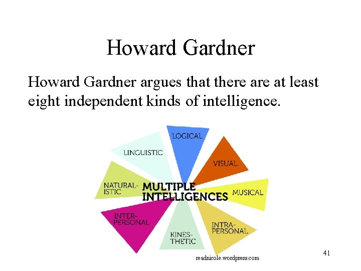 Howard Gardner argues that there at least eight independent kinds of intelligence. readnicole. wordpress.