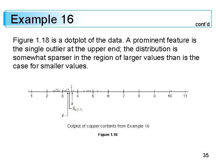 Example 16 cont’d Figure 1. 18 is a dotplot of the data. A prominent