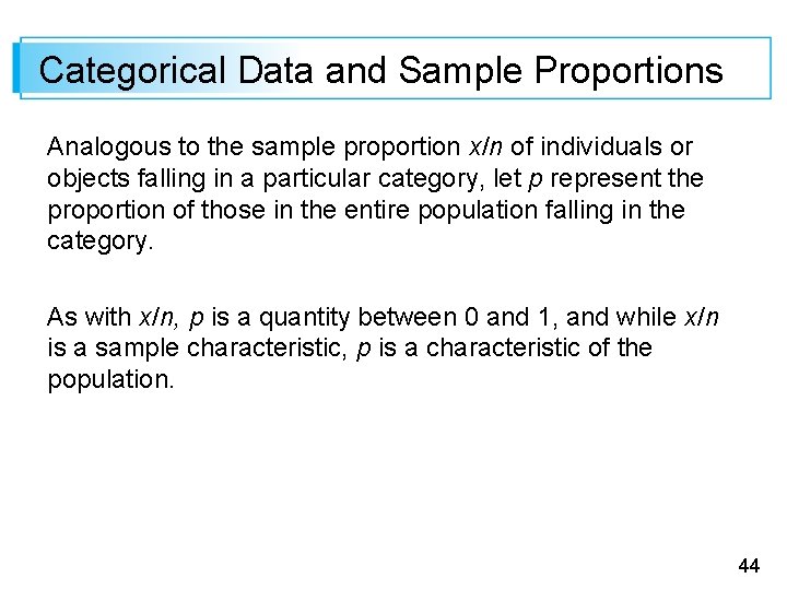 Categorical Data and Sample Proportions Analogous to the sample proportion x/n of individuals or