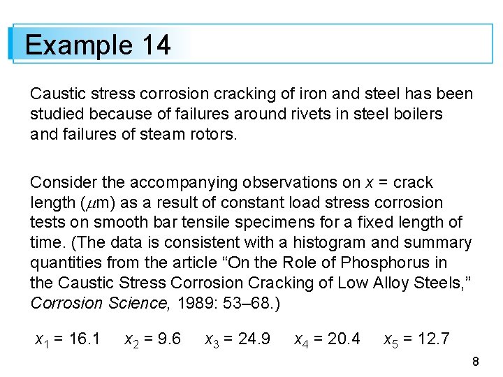 Example 14 Caustic stress corrosion cracking of iron and steel has been studied because