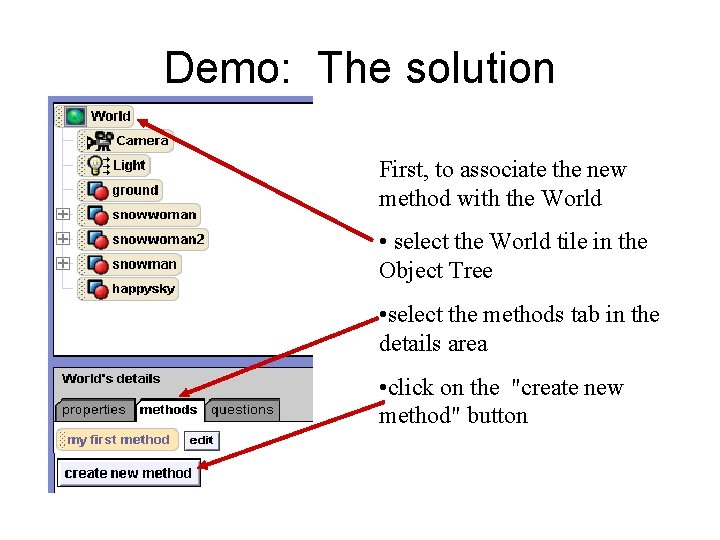 Demo: The solution First, to associate the new method with the World • select