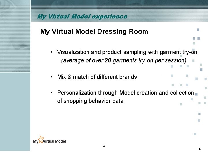 My Virtual Model experience My Virtual Model Dressing Room • Visualization and product sampling My Virtual Model experience My Virtual Model Dressing Room • Visualization and product sampling