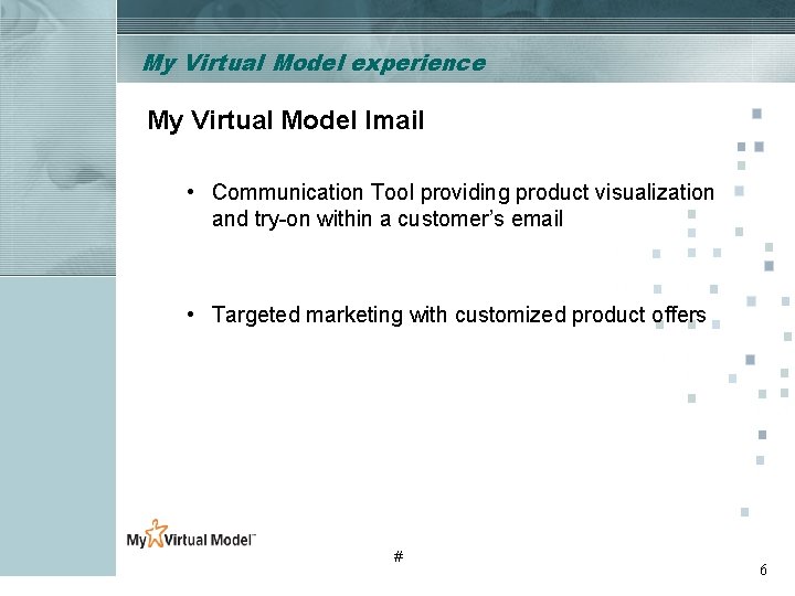 My Virtual Model experience My Virtual Model Imail • Communication Tool providing product visualization My Virtual Model experience My Virtual Model Imail • Communication Tool providing product visualization